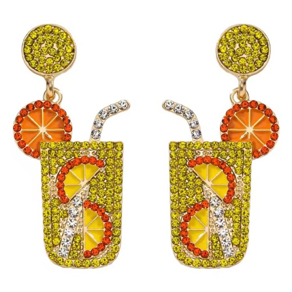 Yellow Orange Citrus Cocktail Lemonade Drink Earrings Summer Colourful Sparkly